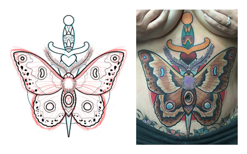 A rough draft of a tattoo of a knife and butterfly, and the final product on a woman's body. 