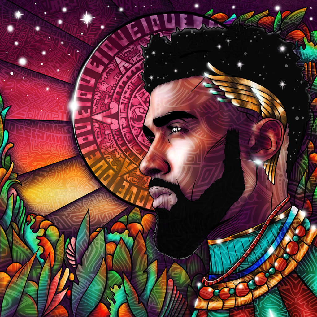 A detailed digital drawing of a bearded man's face with vibrant colors surrounding him. 