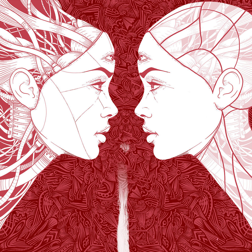 Two women stare at each other. One woman has a closed skull while the other had chords running out of her head. 