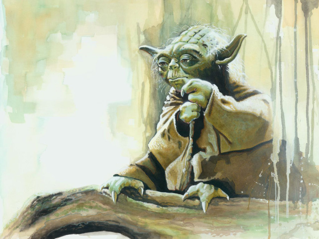 Yoda sits on a log. 