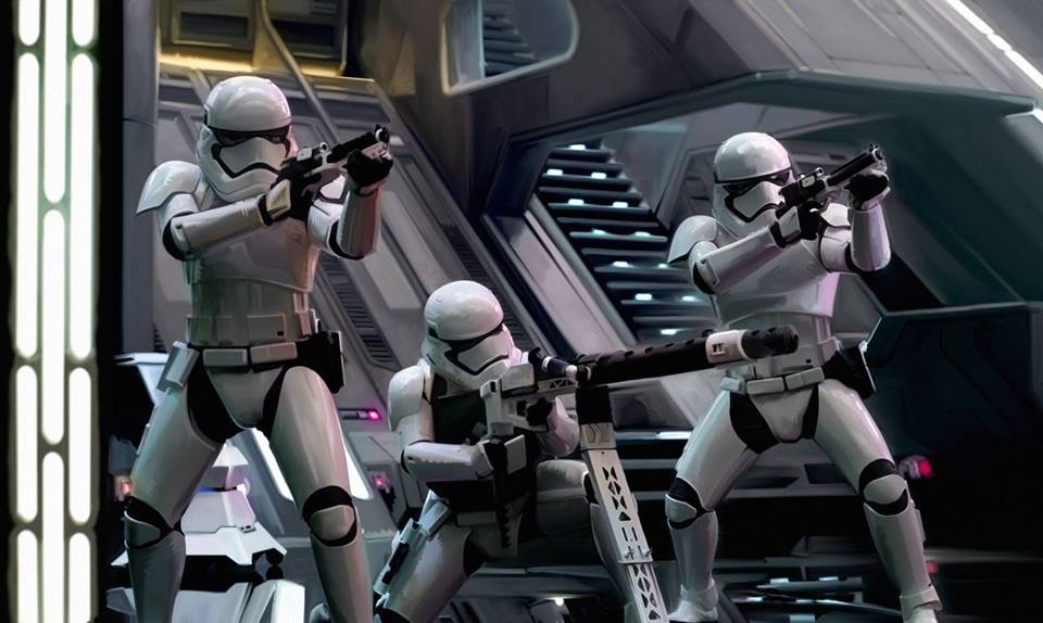Three storm troopers run into battle with guns drawn.  