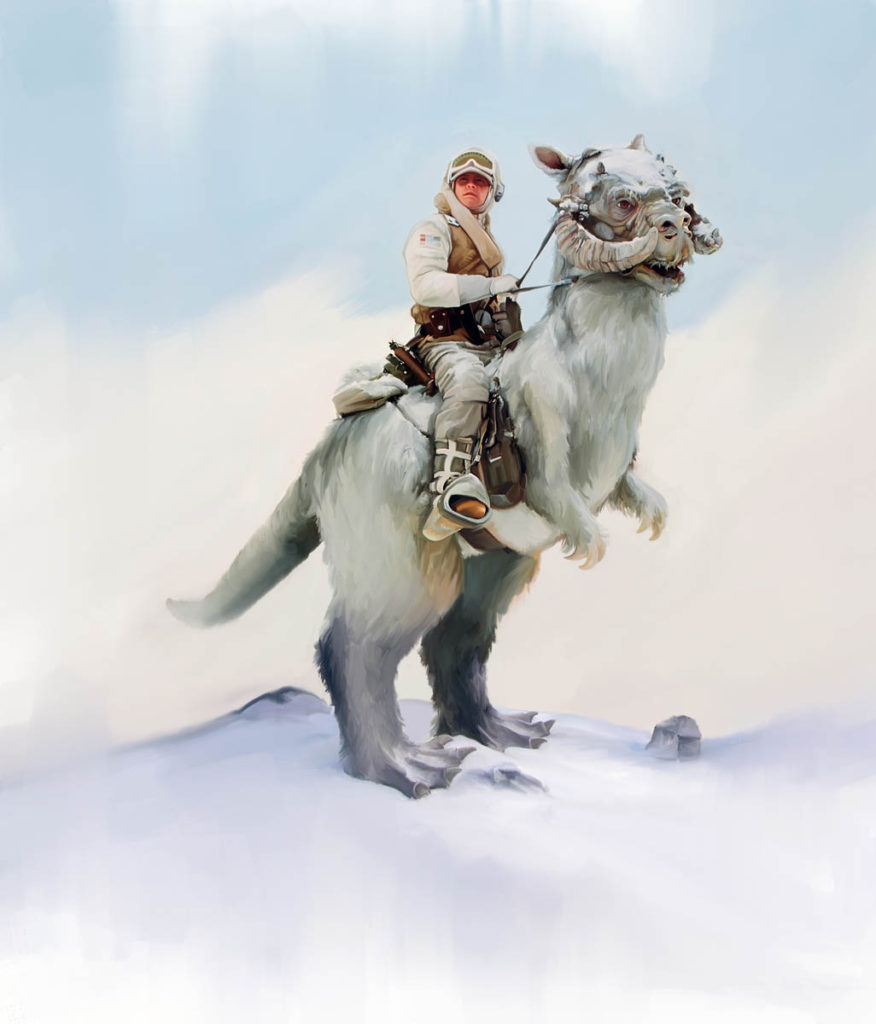 Luke Skywalker rides a tauntaun. 