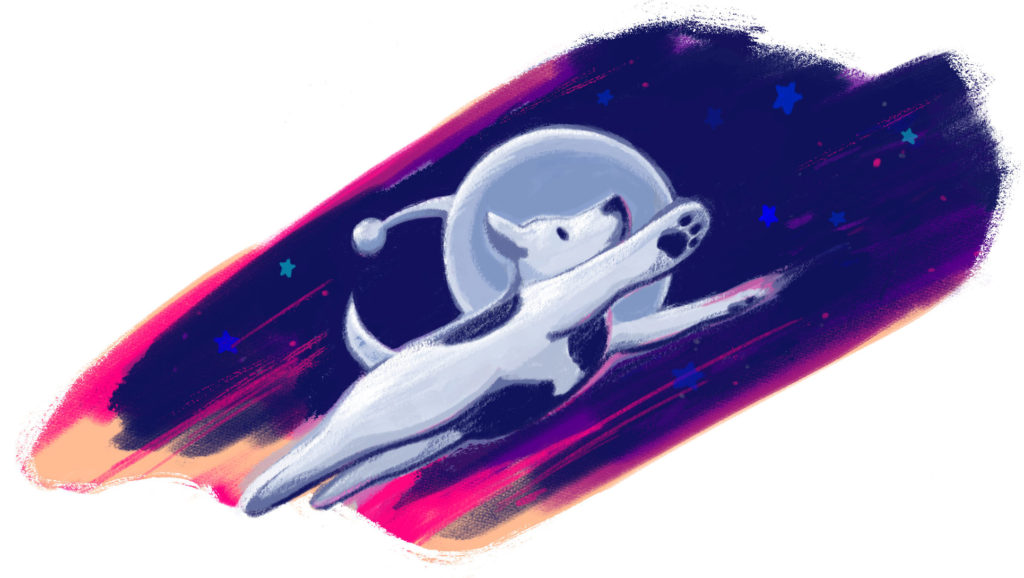 The Luna Display dog flying through space. 