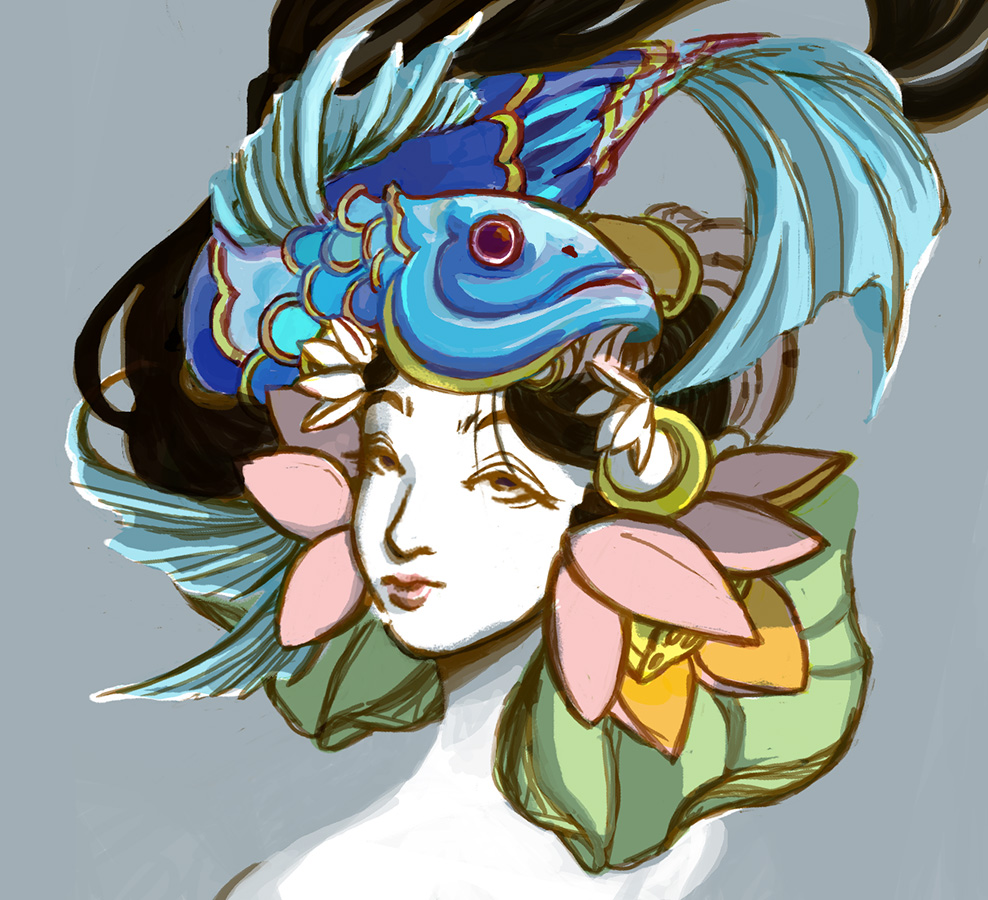 A digital painting of a woman with a headdress made of a fish and plants. 
