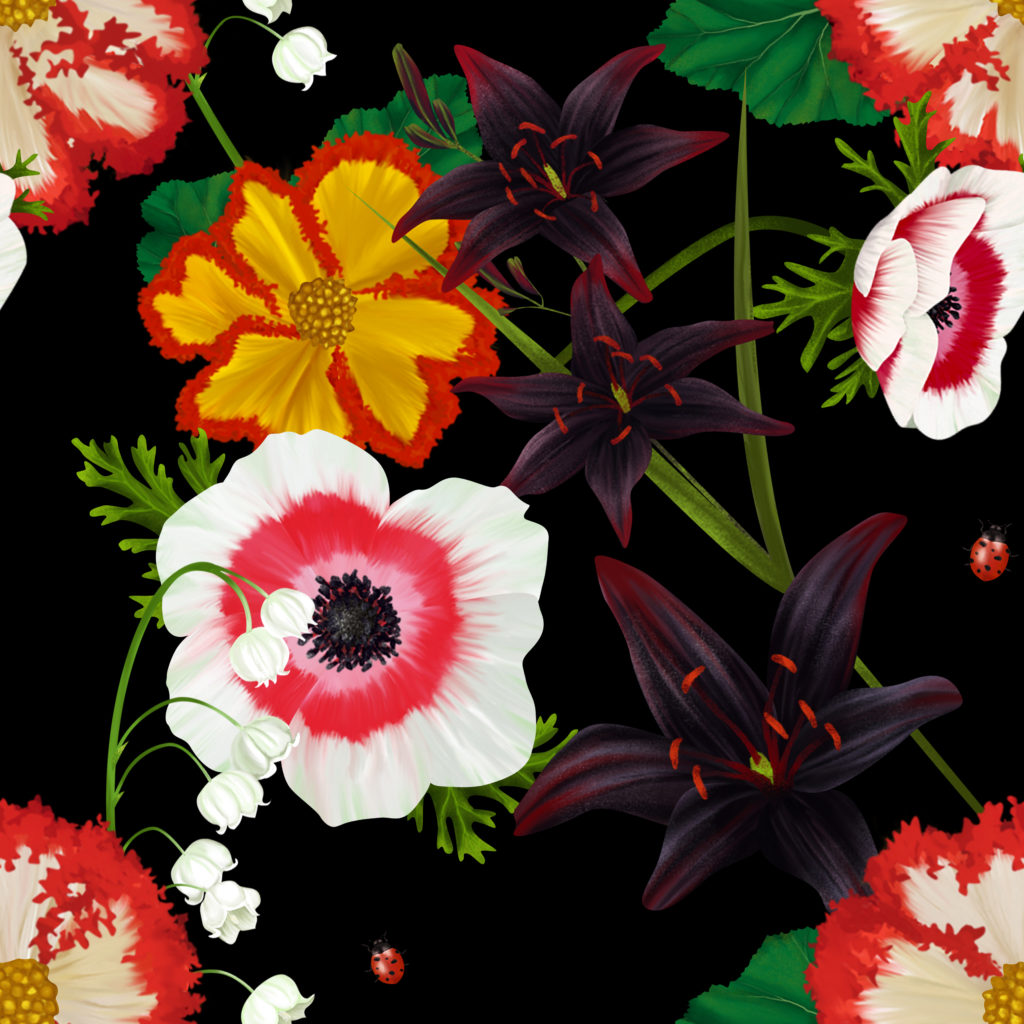 A pattern of dark and colorful flowers. 