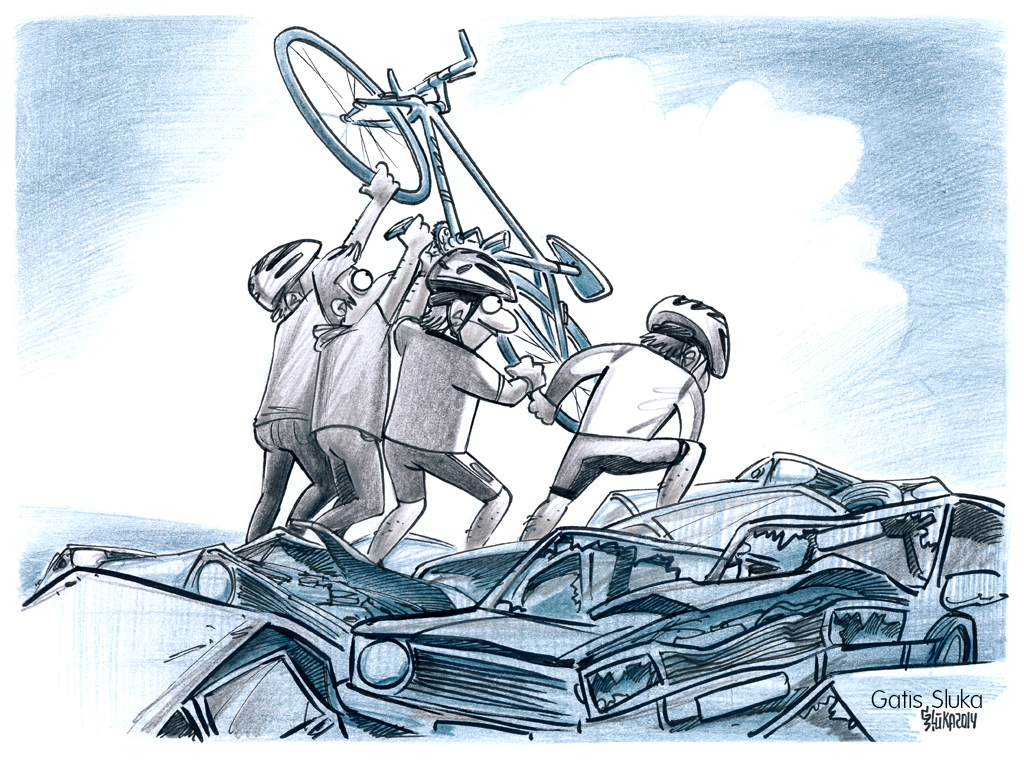A cartoon of four men lifting a bike out of a scrapyard full of cars. 