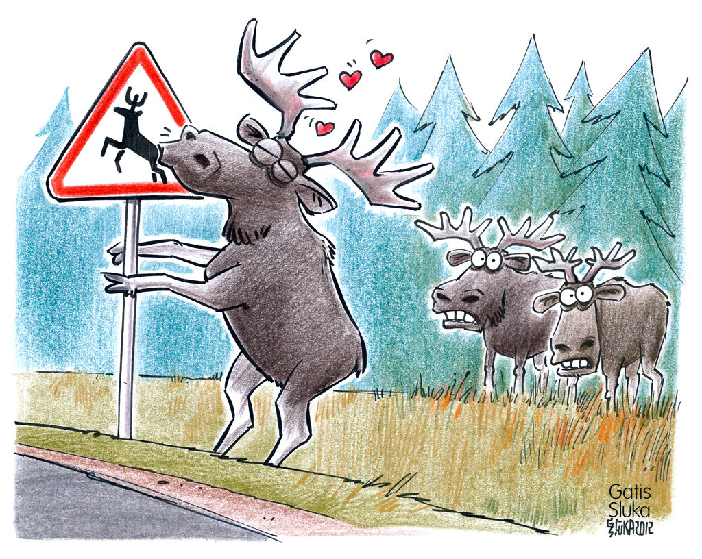 A cartoon drawing of a moose kissing a moose crossing sign. 