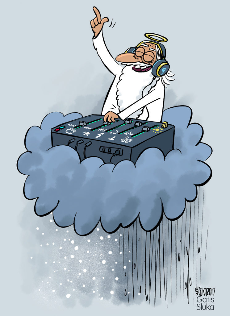 A cartoon drawing of God as a dj using music to pour down rain and snow. 