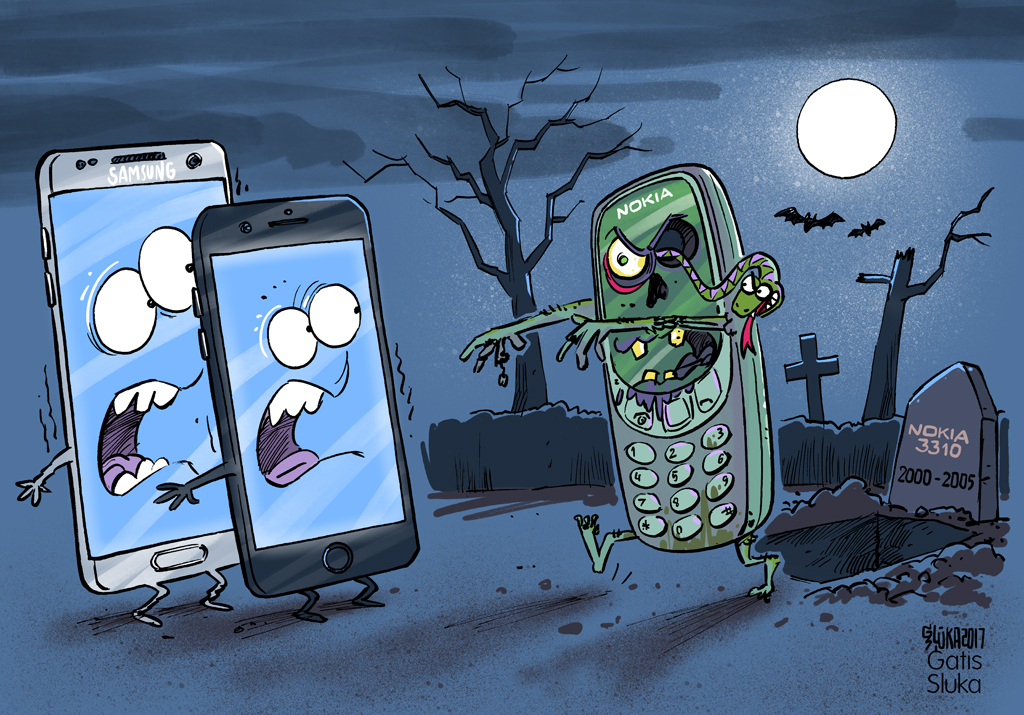 A cartoon of a zombie Nokia 3310 phone coming out of the grave to chase smartphones. 