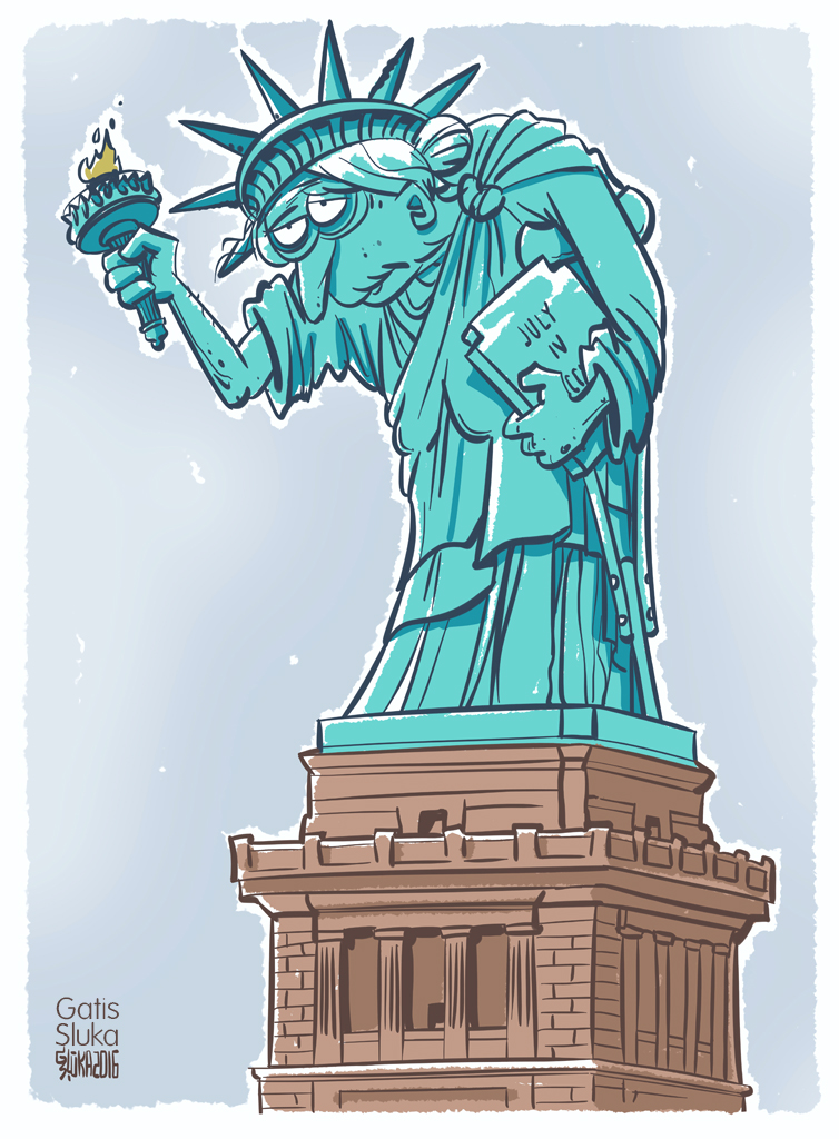 A cartoon of the Statue of Liberty looking old and tired. 