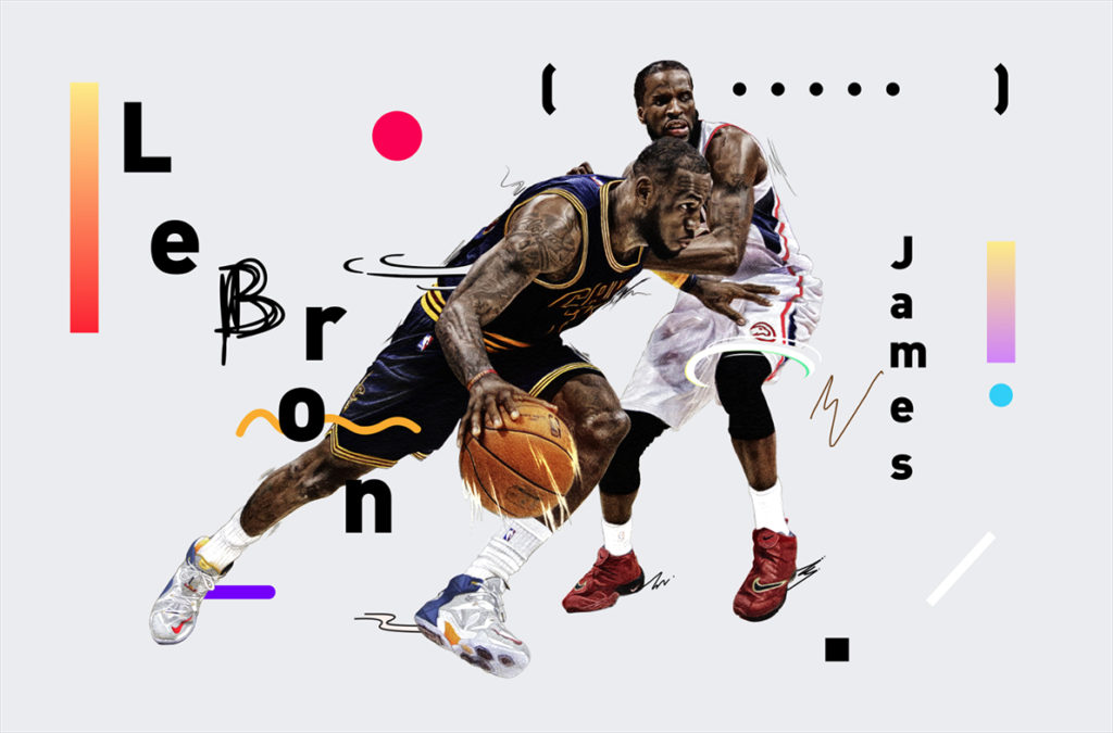 A design of LeBron James pushing past another basketball player. 