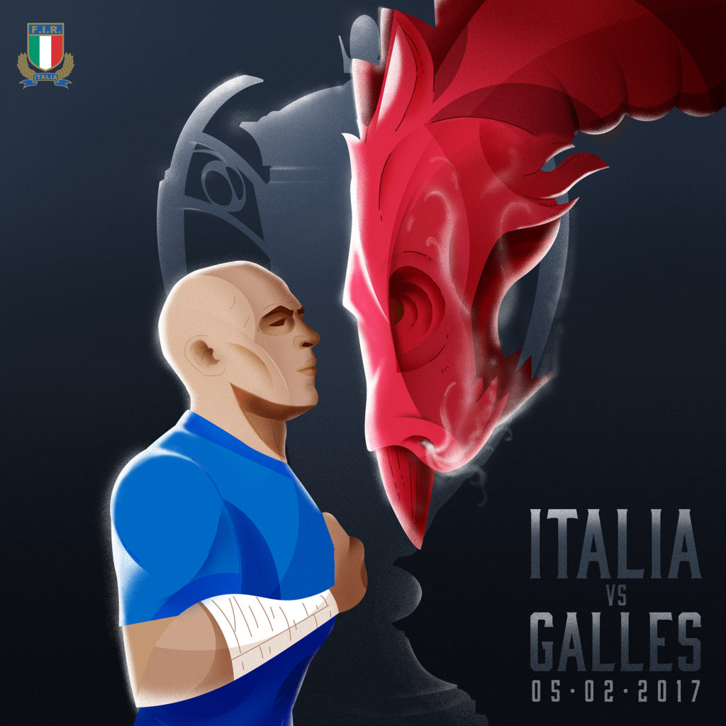 A poster of a soccer player staring down a dragon. 