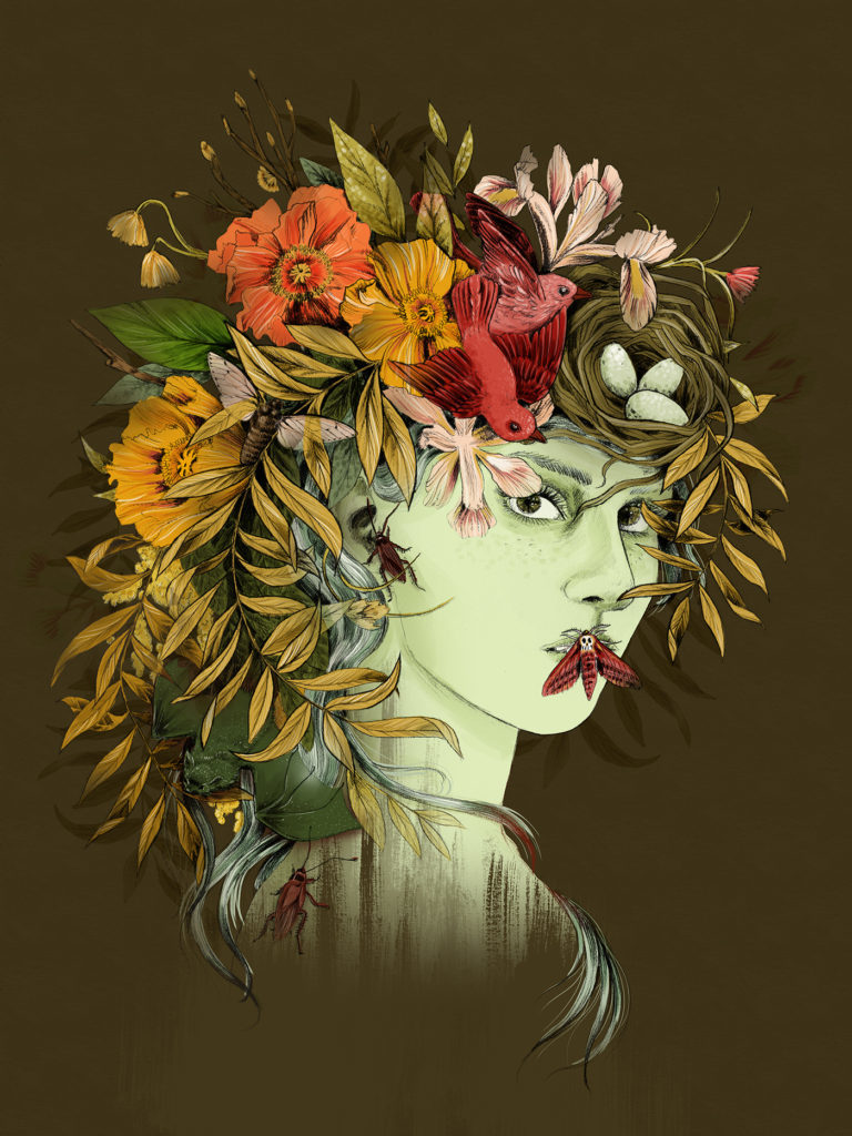 A design of a woman with flowers, plants, birds, and bugs as hair. 