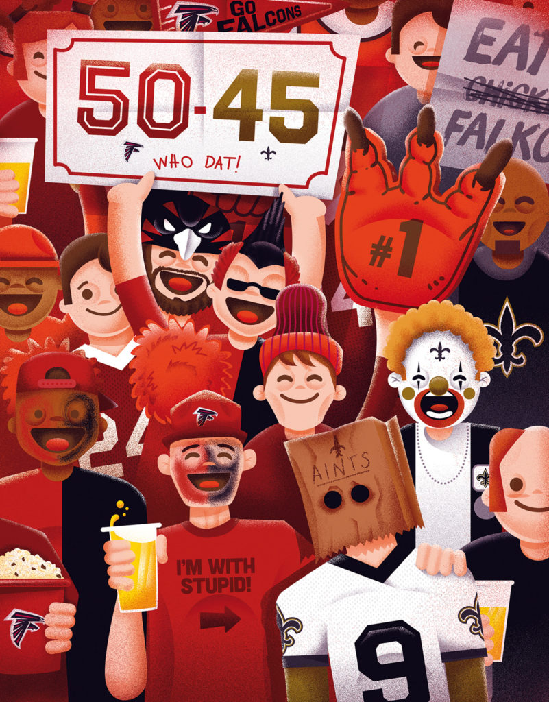 A digital drawing of cheering Saints and Falcons fans. 