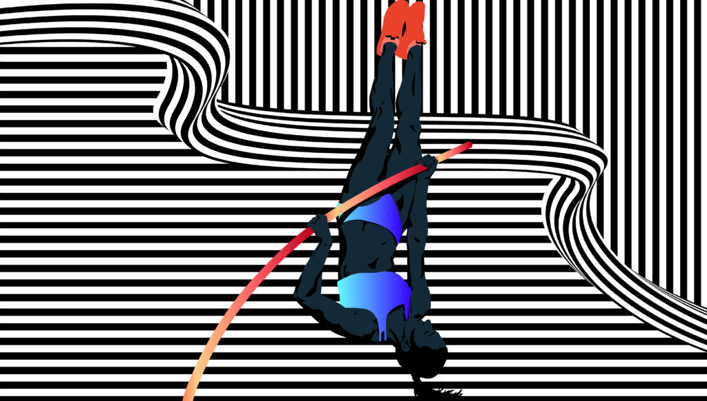 A colorful design of a track athlete using a pole to elevate in the air.  