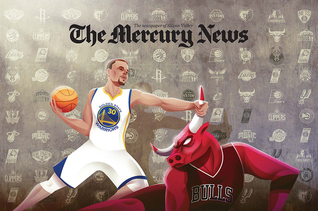 A design of a Golden State Warrior player holding the horns fo the Chicago bull. 