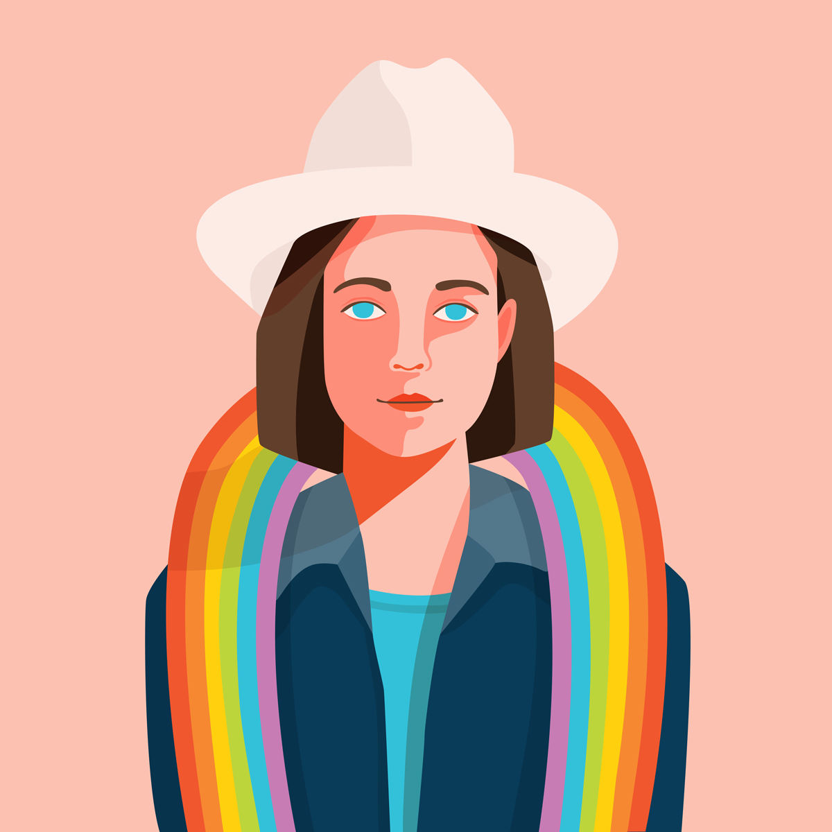 A cartoon portrait of Carra Sykes with a rainbow wrapped around her shoulders