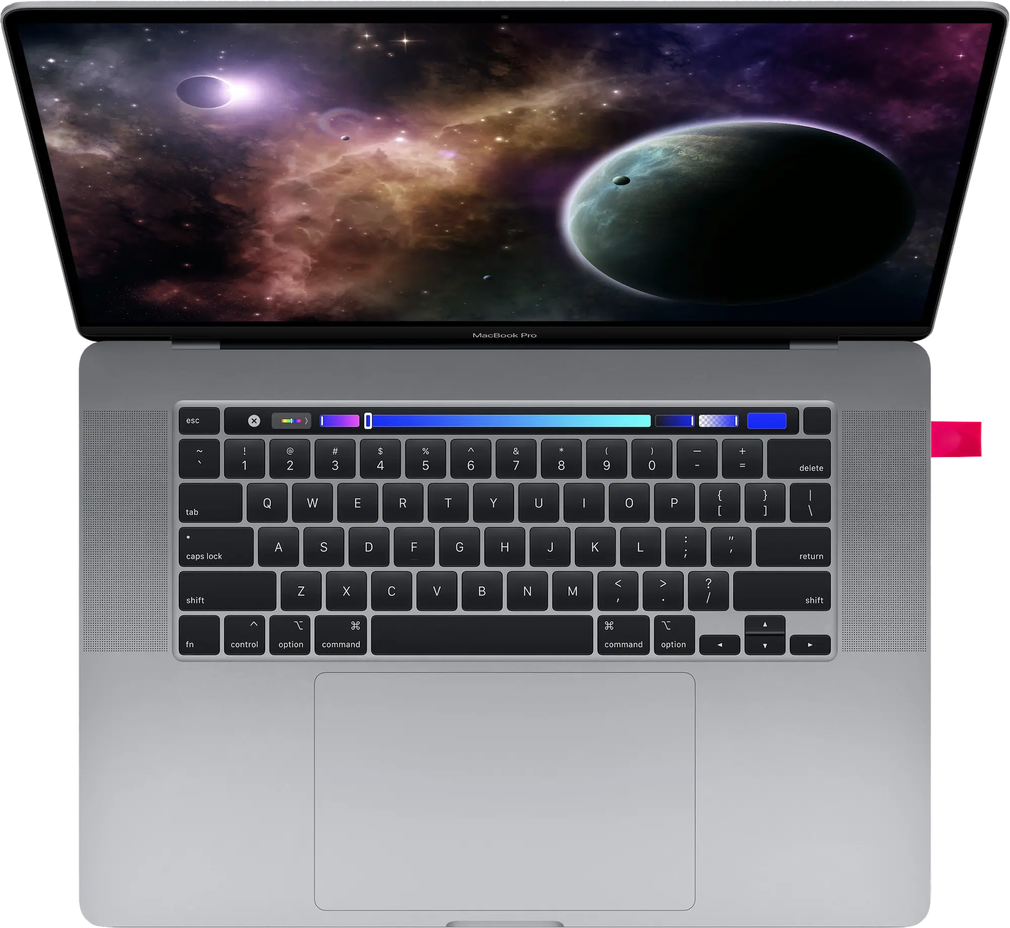 A Macbook shows an image of space with the red Luna hardware plugged in