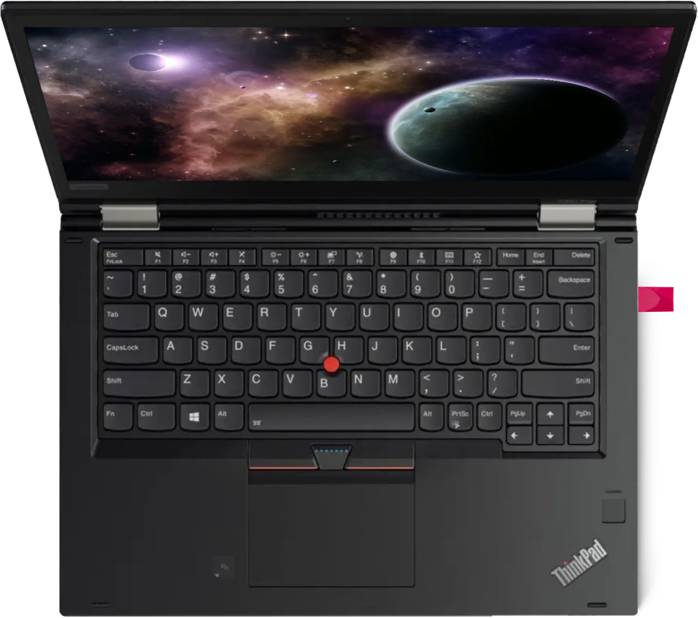 A Lenovo PC shows an image of space with the red Luna hardware plugged in