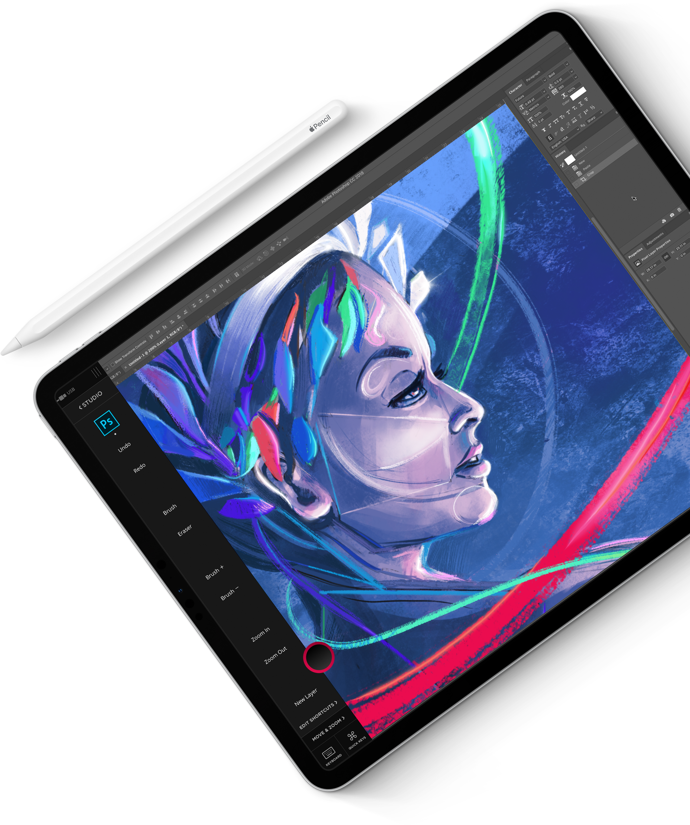 A digital painting of a woman's face on a tablet