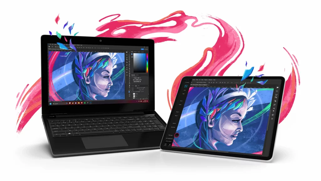 An iPad mirroring a desktop screen with Astropad Studio. A drawing of a hero woman is on both screens. 