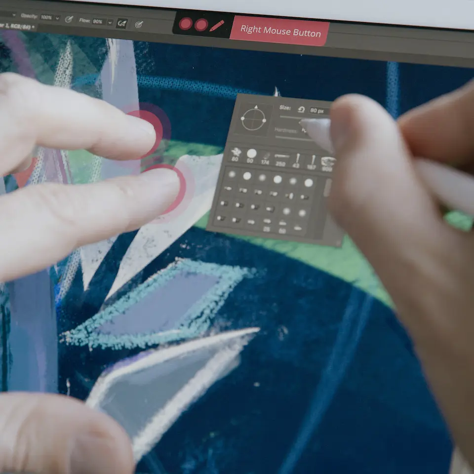 A person drawing on the iPad with an Apple Pencil using Astropad Studio shortcut gestures