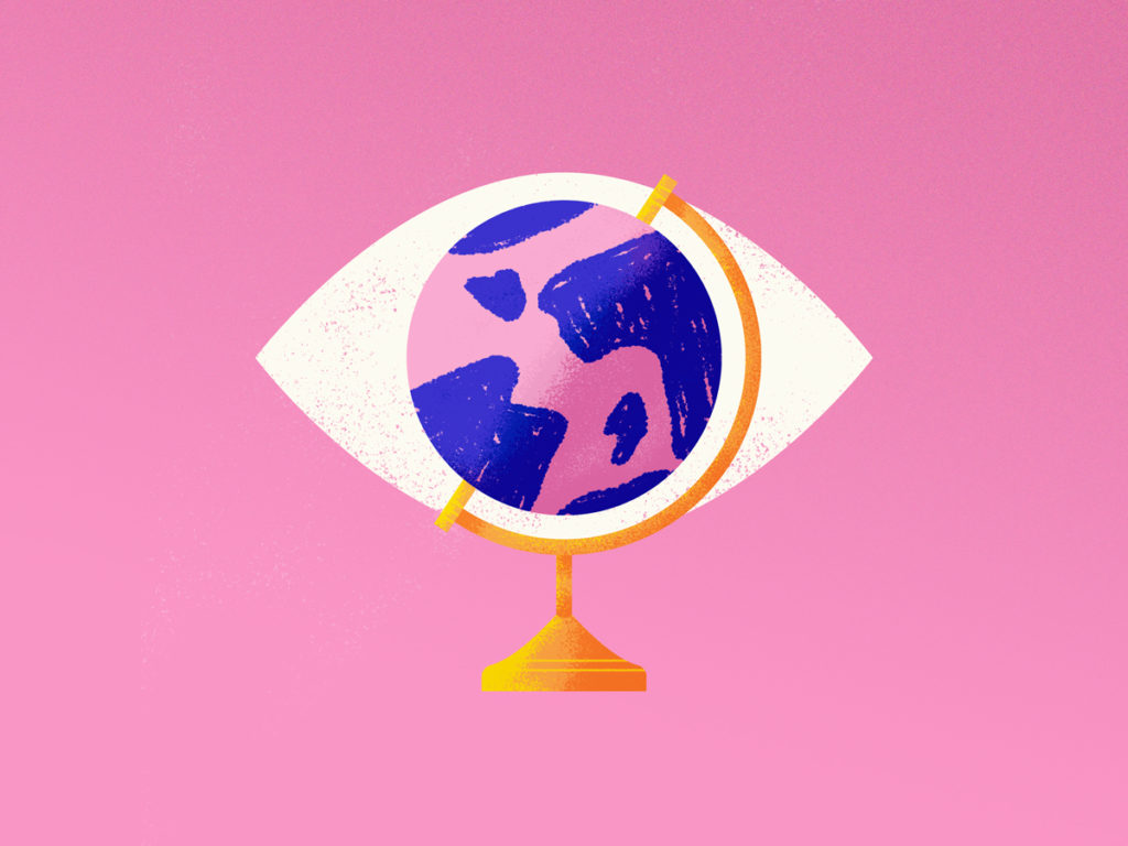 A design of a globe as the center of a large eyeball. 