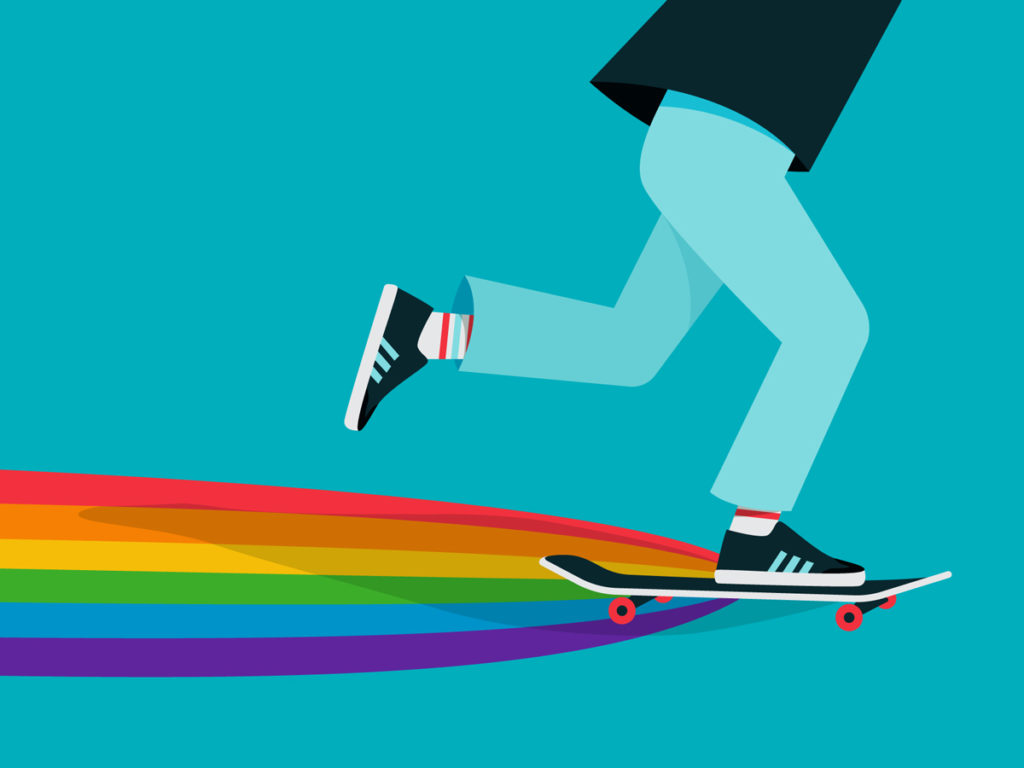 A design of a rainbow appearing behind a skateboarder. 