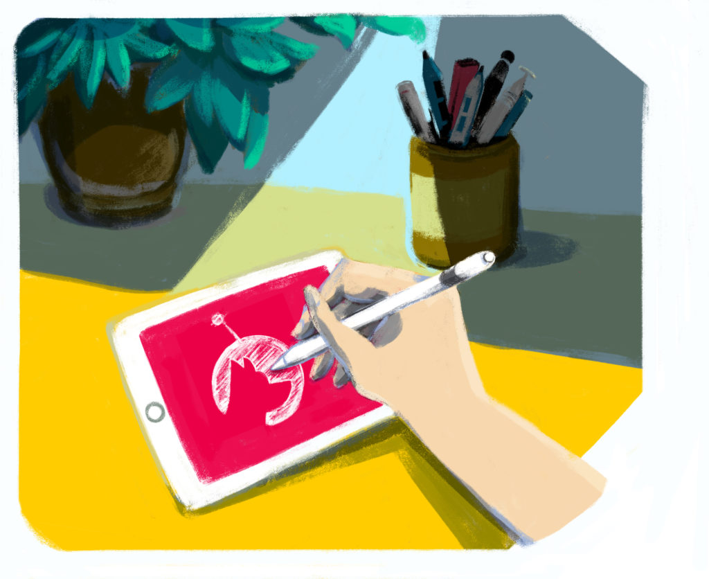 A drawing of someone drawing the Luna Display logo on a tablet. 