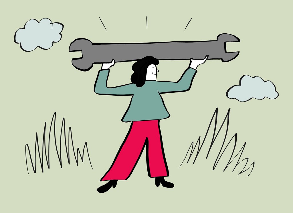 A cartoon of a woman holding up a wrench