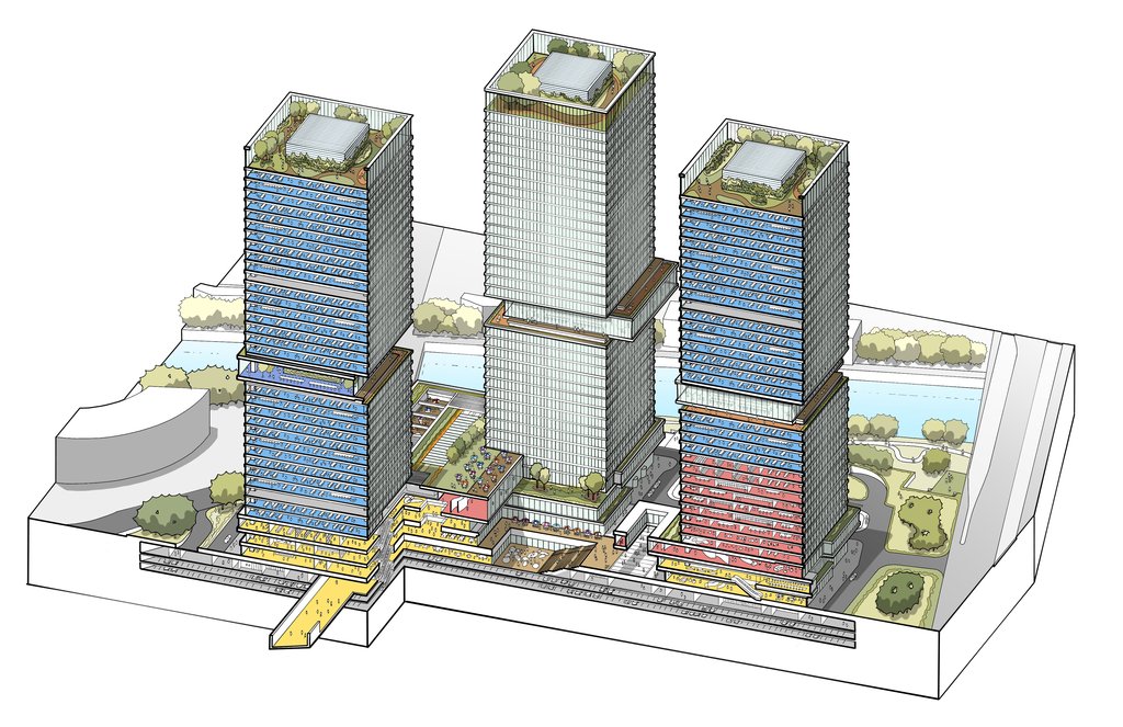 A 3-D design of three tall office buildings