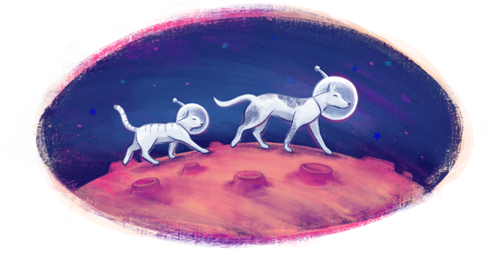 A cartoon dog and cat walk across the surface of the moon