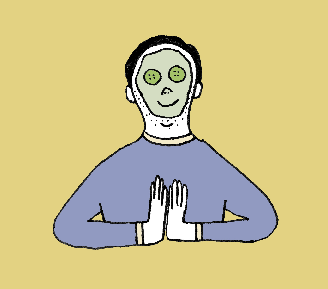 A cartoon man wears a zen mask with cucumber over the eyes