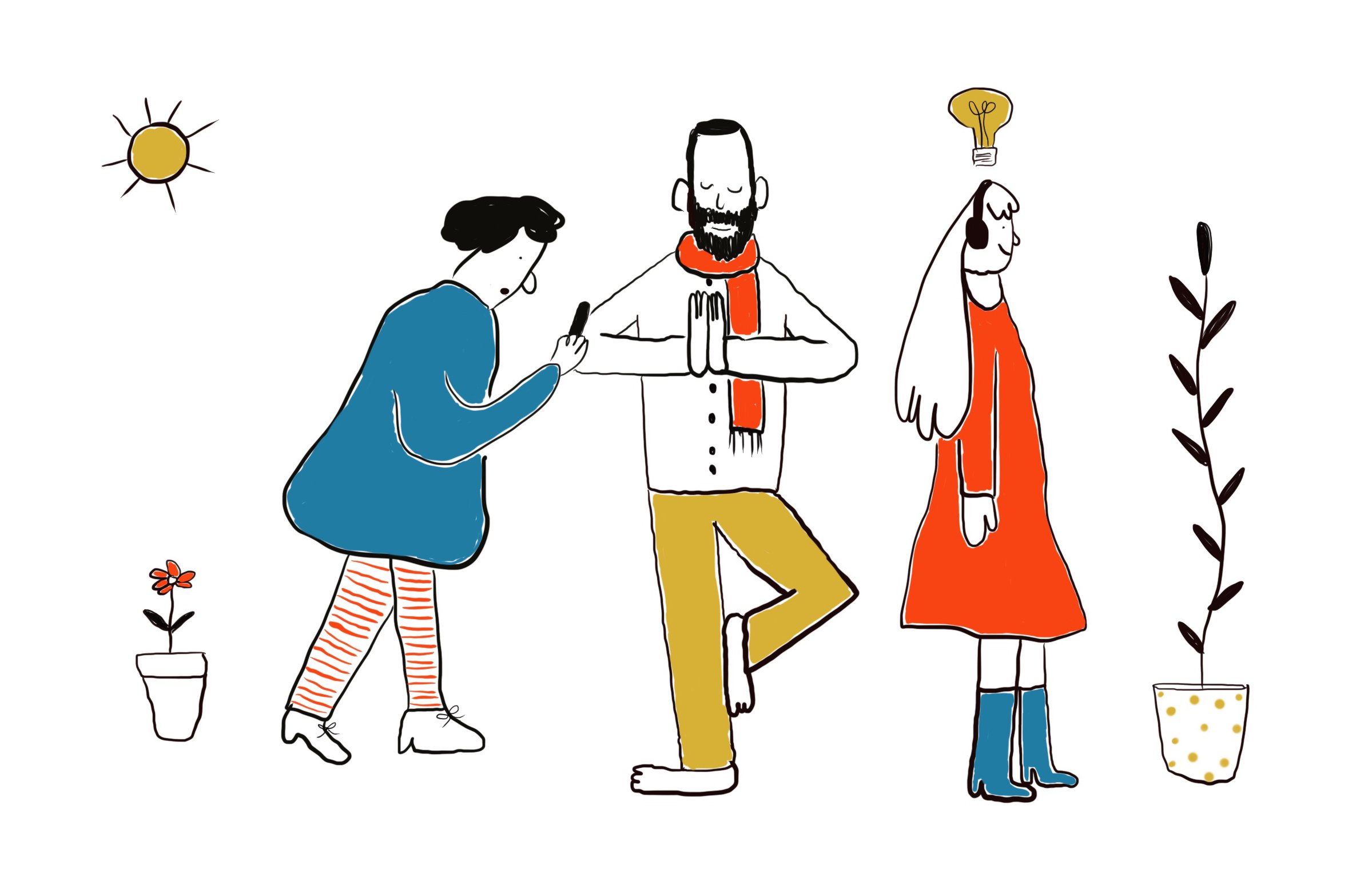 A cartoon of three people standing in line