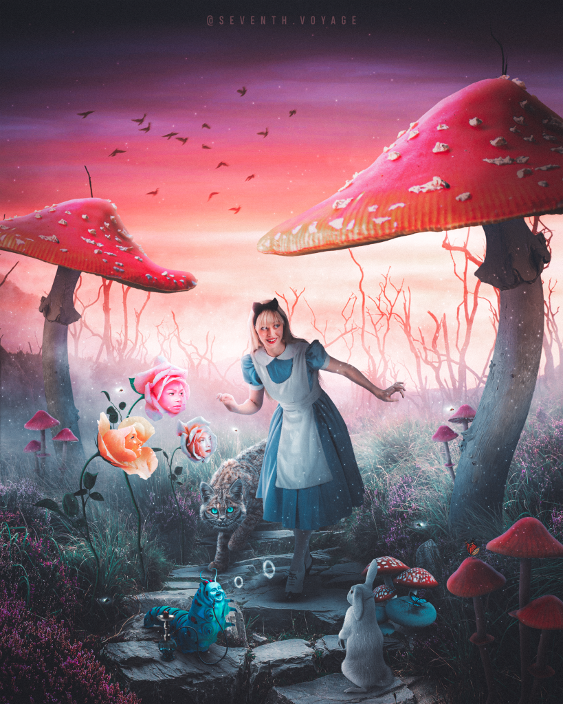 Alice walks through wonderland. 