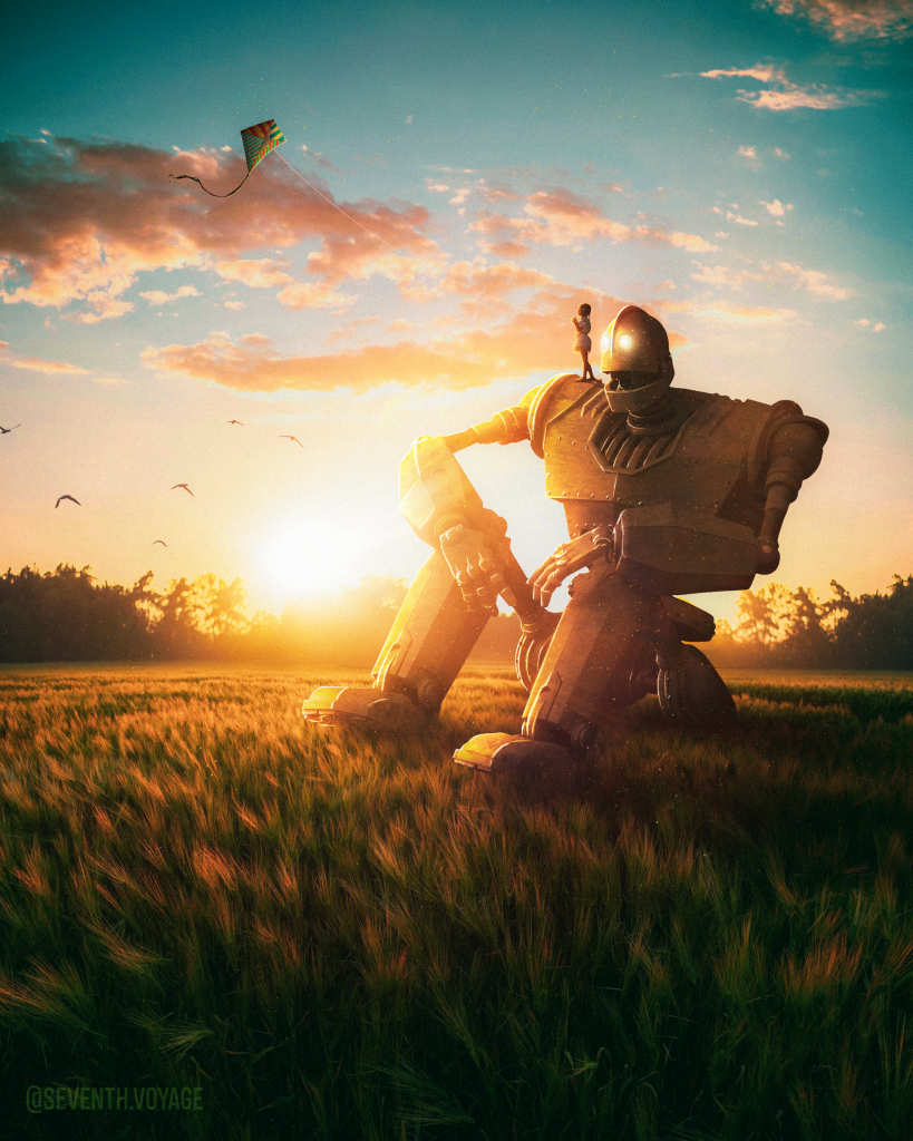 The giant robot sits in a field watching a sunset with a child standing on his shoulder. 