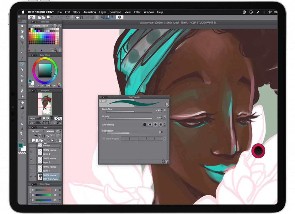 Color being add to a digital drawing of a woman's face. 