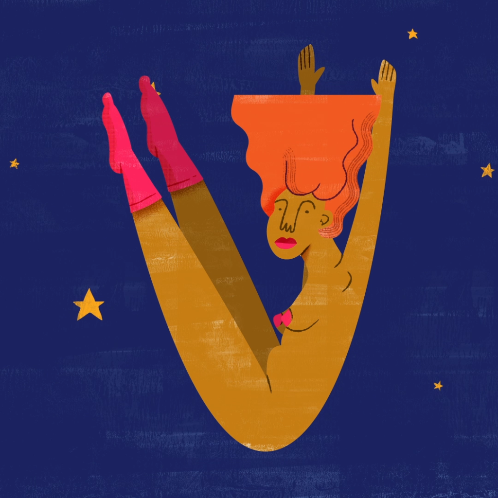 A design of a woman falling through the stars. 