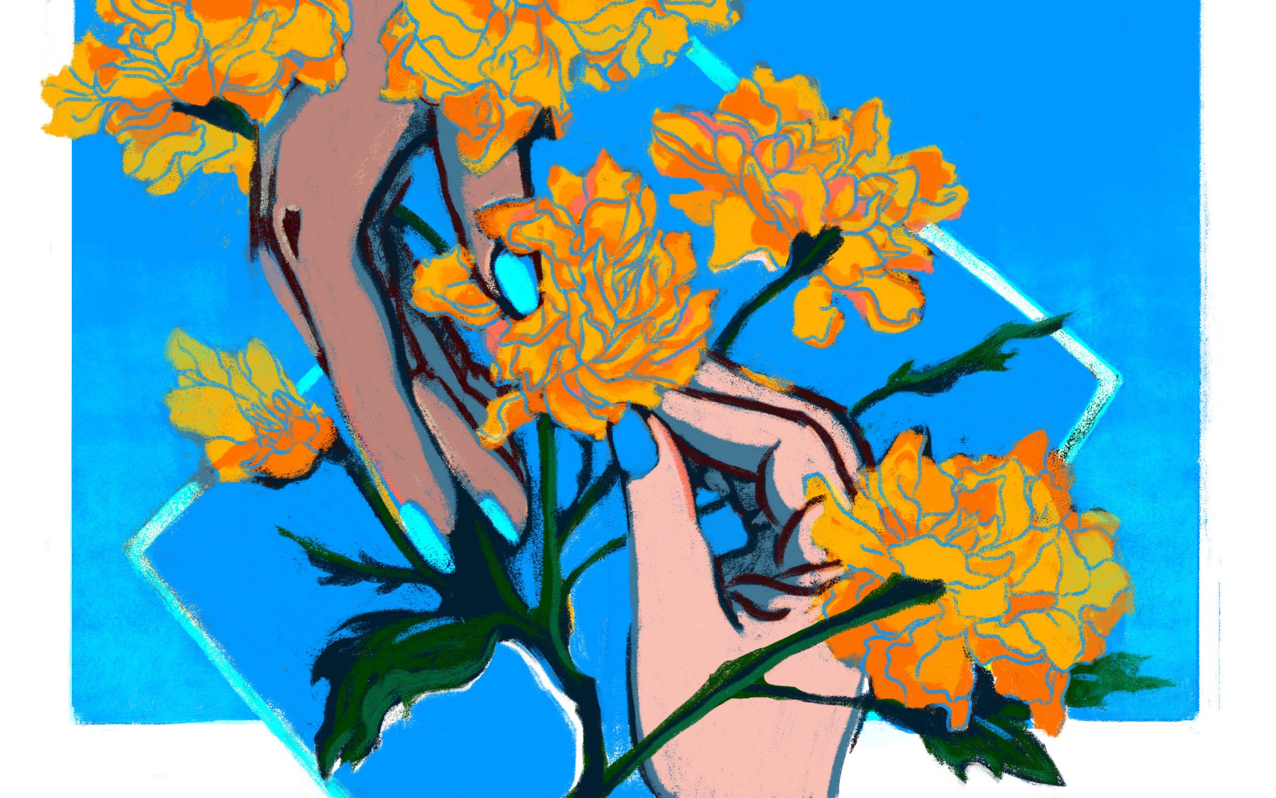 A drawing of two hands coming together through flowers
