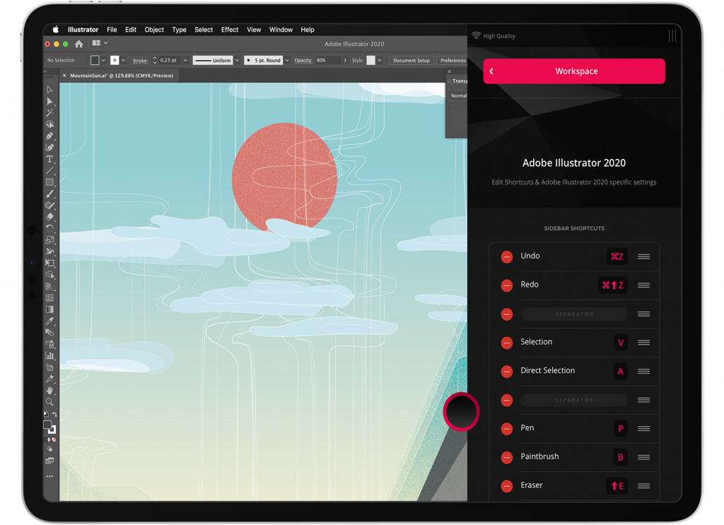 Adobe illustrator side menu open on the side of a tablet. 