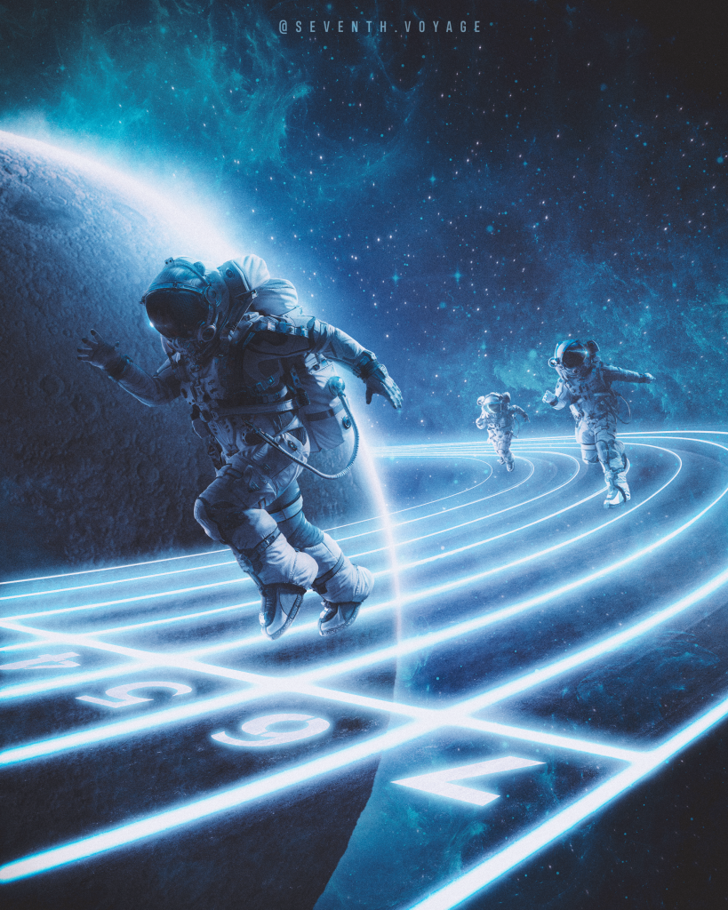 A design of astronauts running around a track that circles the moon. 