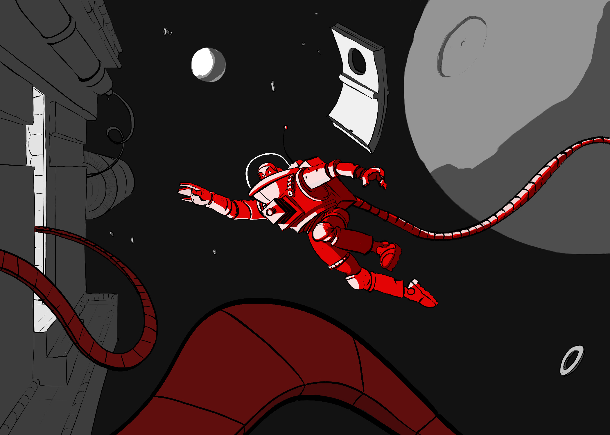 A cartoon of an astronaut floating through space trying to get back to his ship