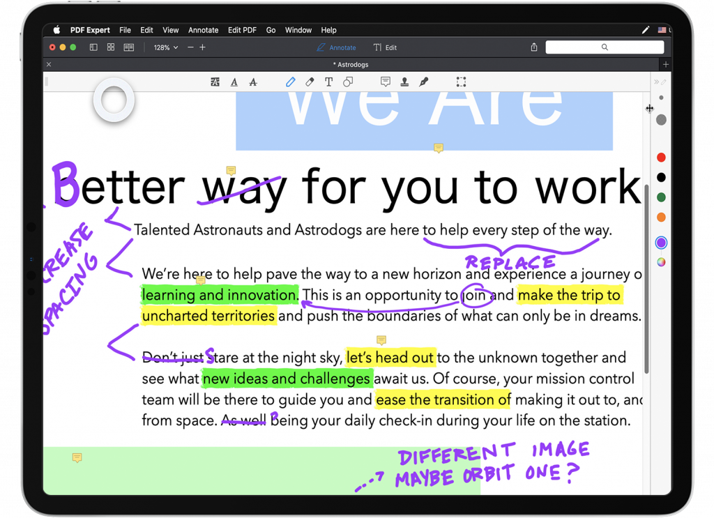 PDF Expert’s window set to the iPad display ratio by arranging Astropad’s screen view