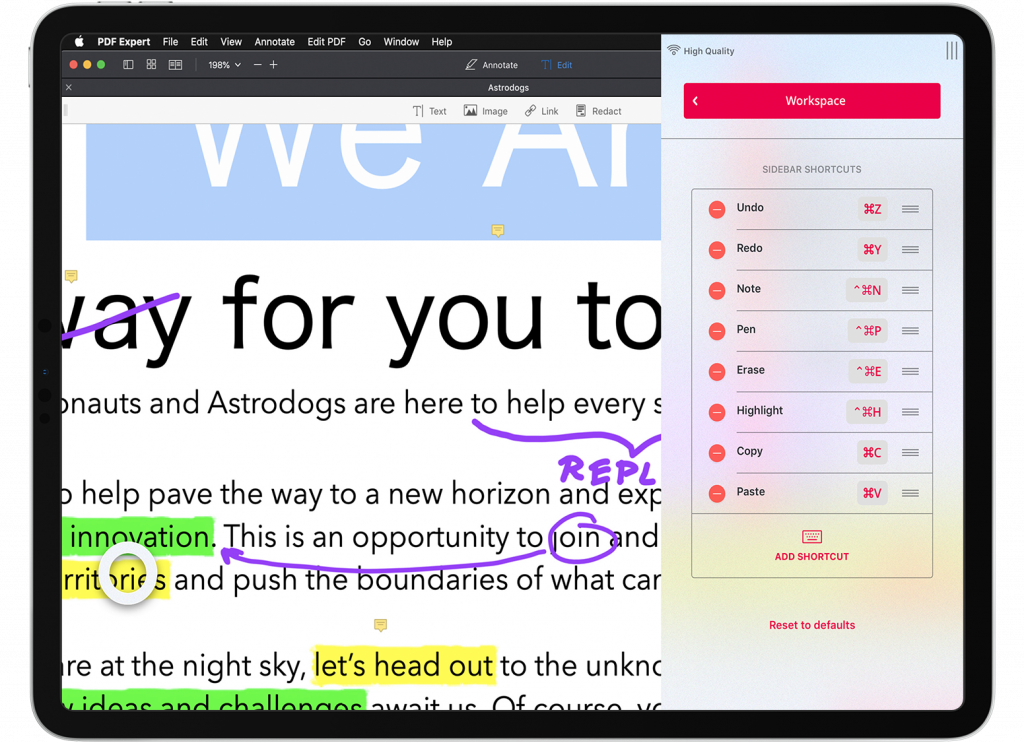 Edit Shortcuts menu in Astropad Standard’s sidebar