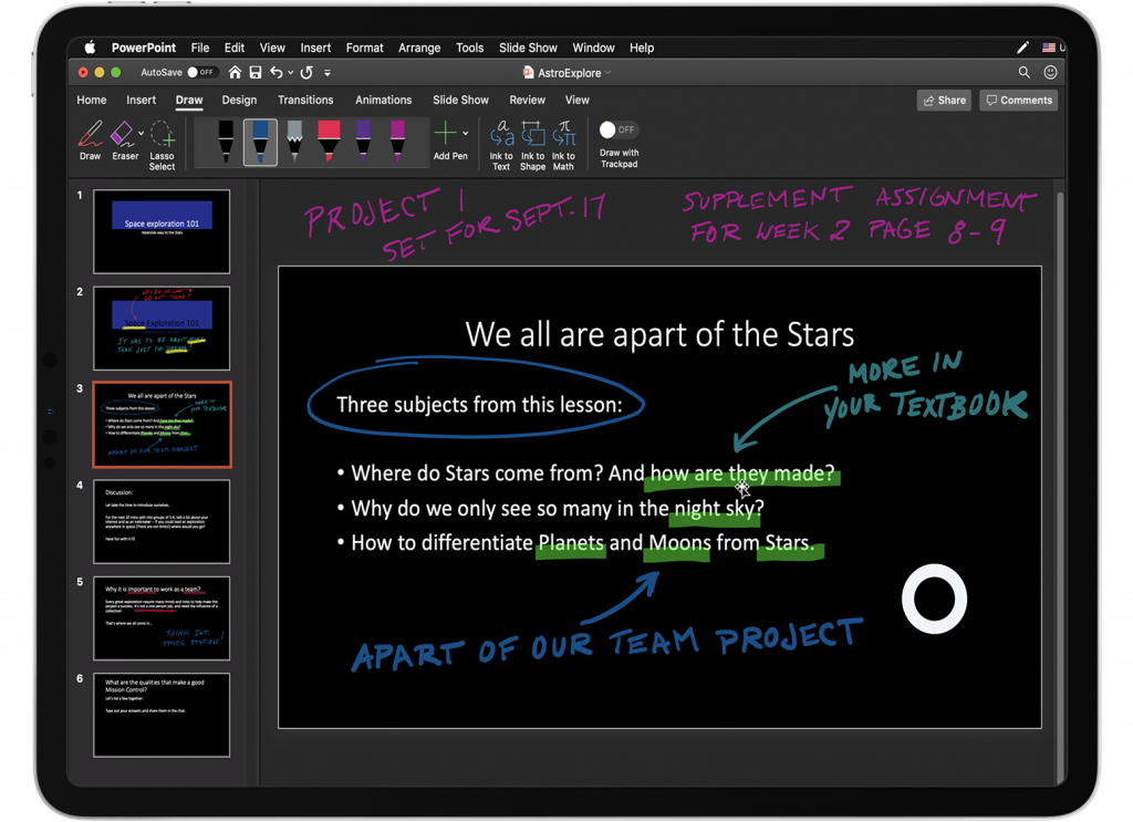 A powerpoint is edited on an iPad using Astropad. 