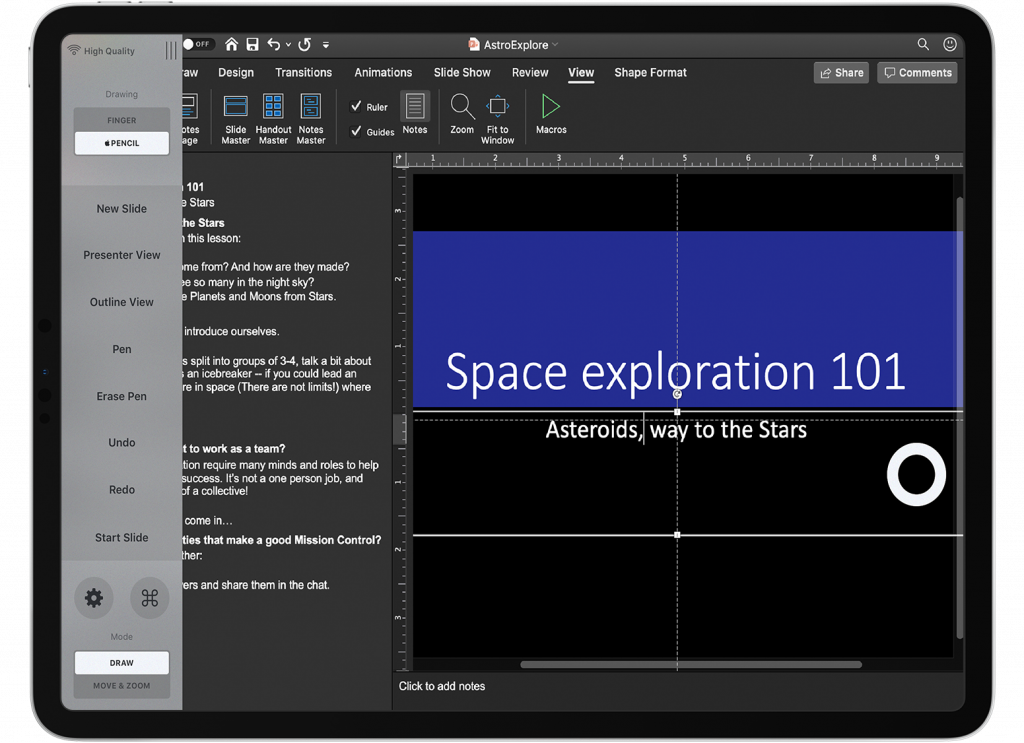 PowerPoint’s Outline View, with Astropad Standard’s shortcuts sidebar set left