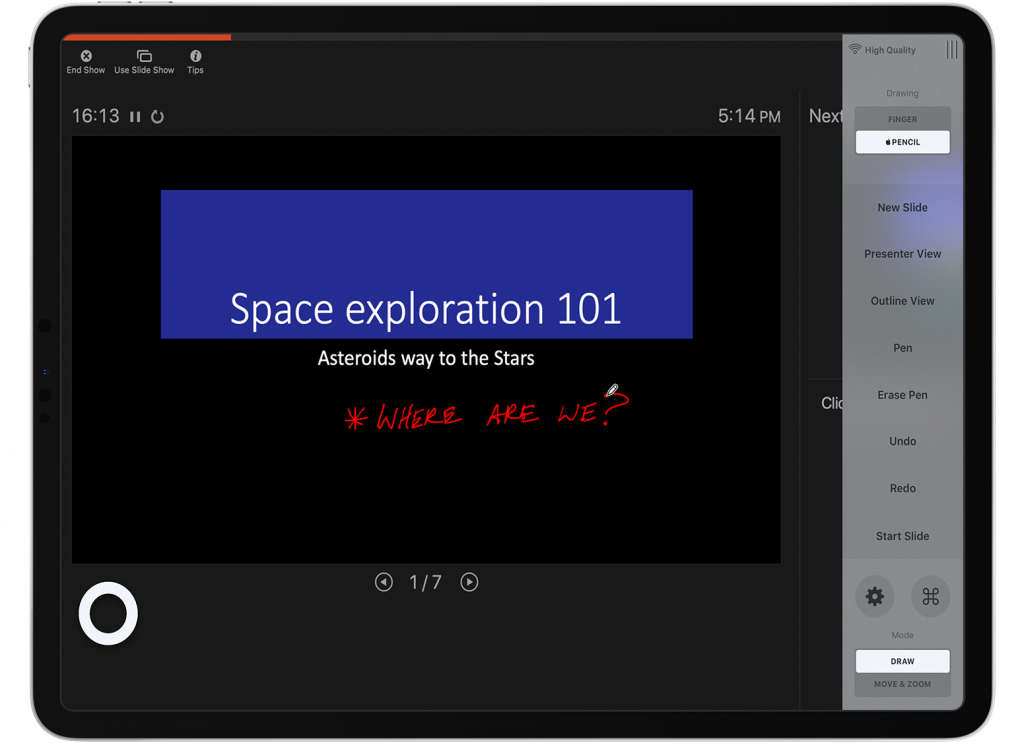 PowerPoint’s Presenter View mode, with Astropad Standard’s shortcuts sidebar set right