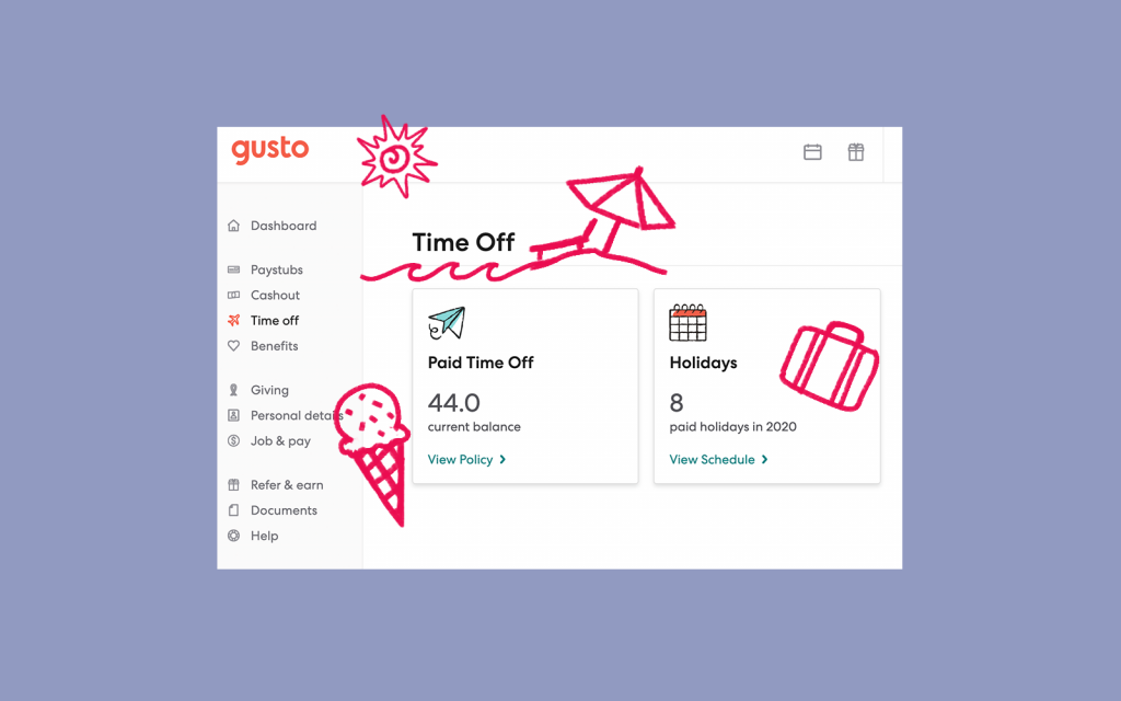 The Gusto menu to request time off. 