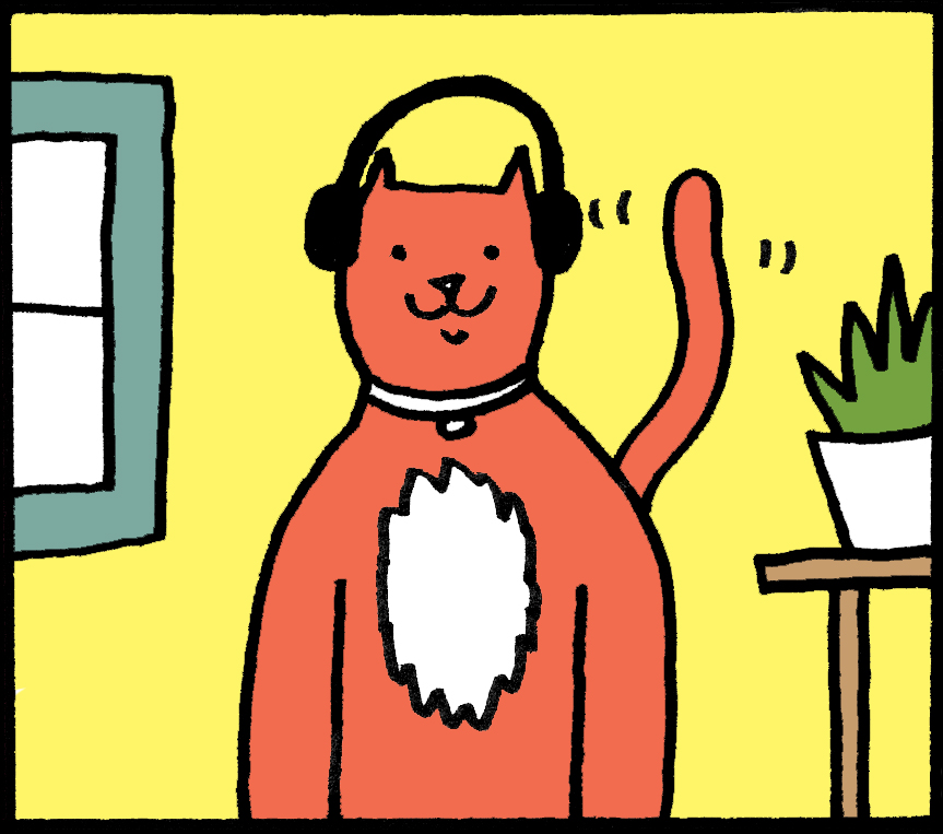 A cartoon drawing of a cat with headphones on. 