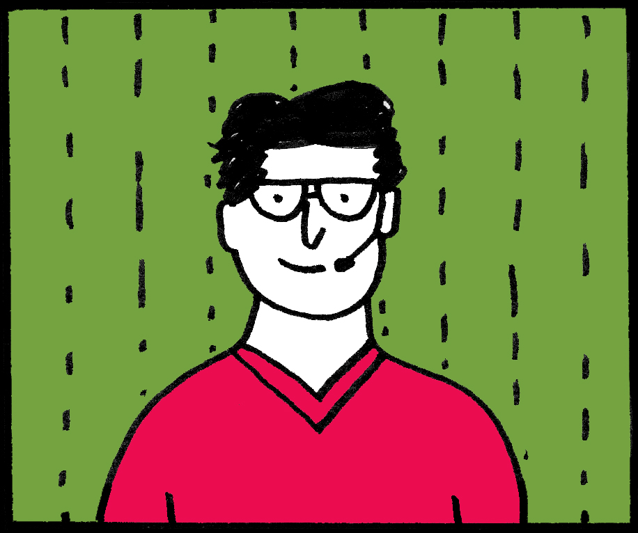 A cartoon drawing of a man with a headset on while working remote. 